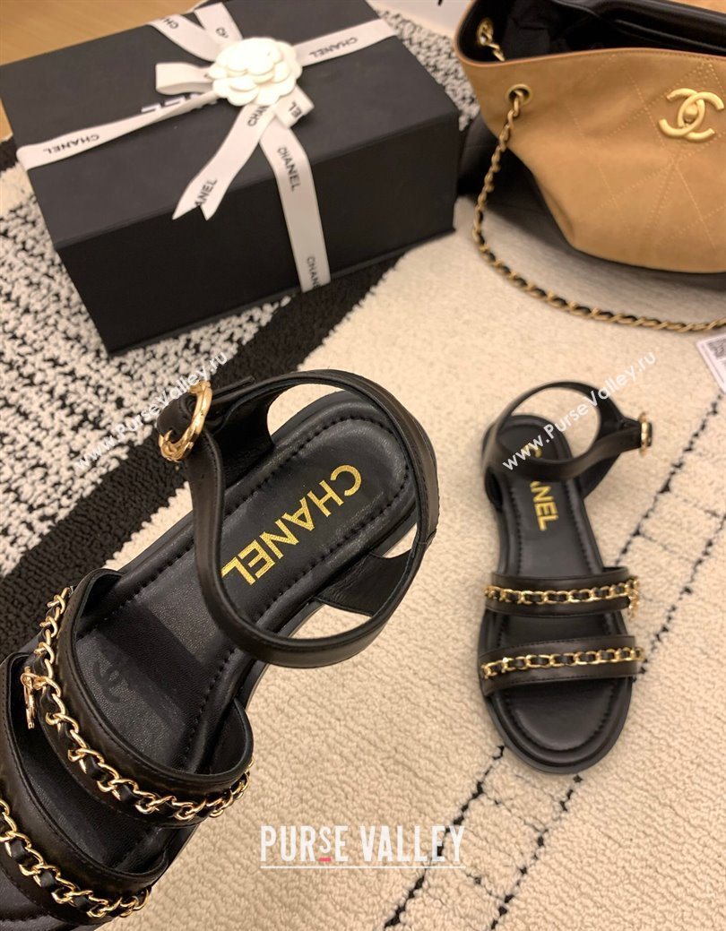 Chanel Calfskin Leather Flat Sandals with Chain Black 2025 G46801 (MD-251223086)
