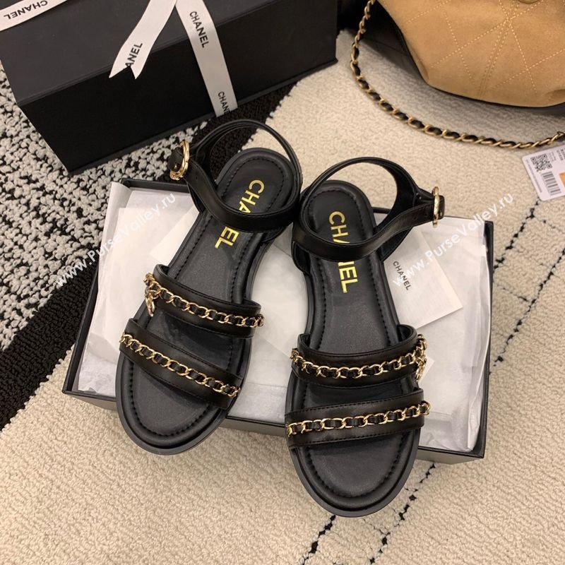 Chanel Calfskin Leather Flat Sandals with Chain Black 2025 G46801 (MD-251223086)