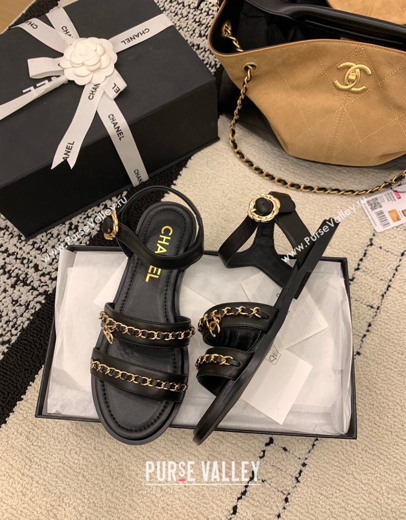 Chanel Calfskin Leather Flat Sandals with Chain Black 2025 G46801 (MD-251223086)