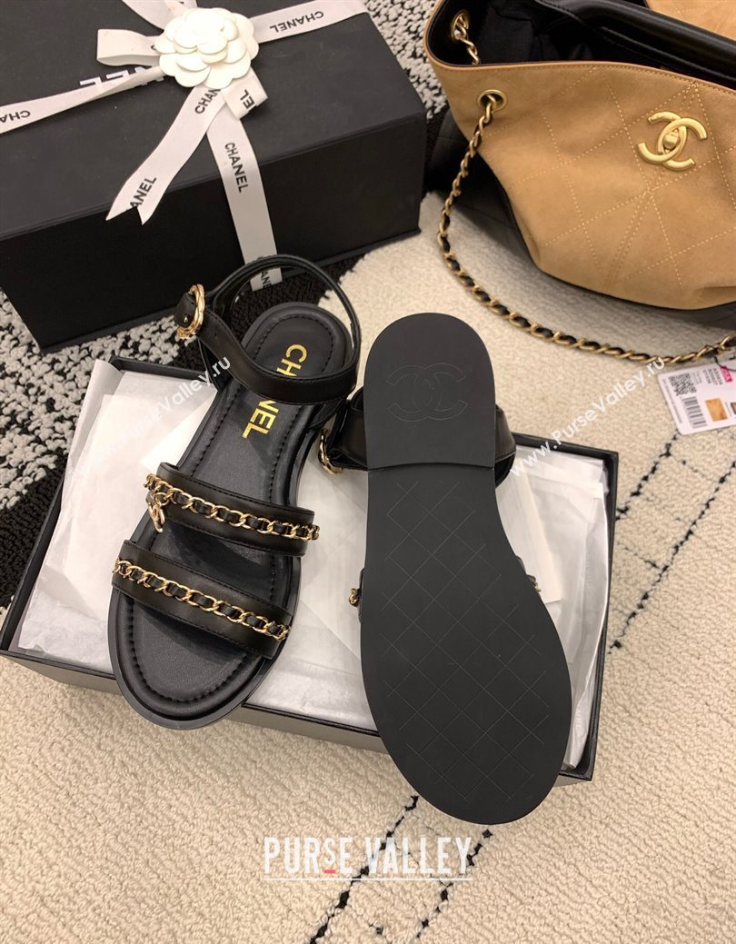 Chanel Calfskin Leather Flat Sandals with Chain Black 2025 G46801 (MD-251223086)
