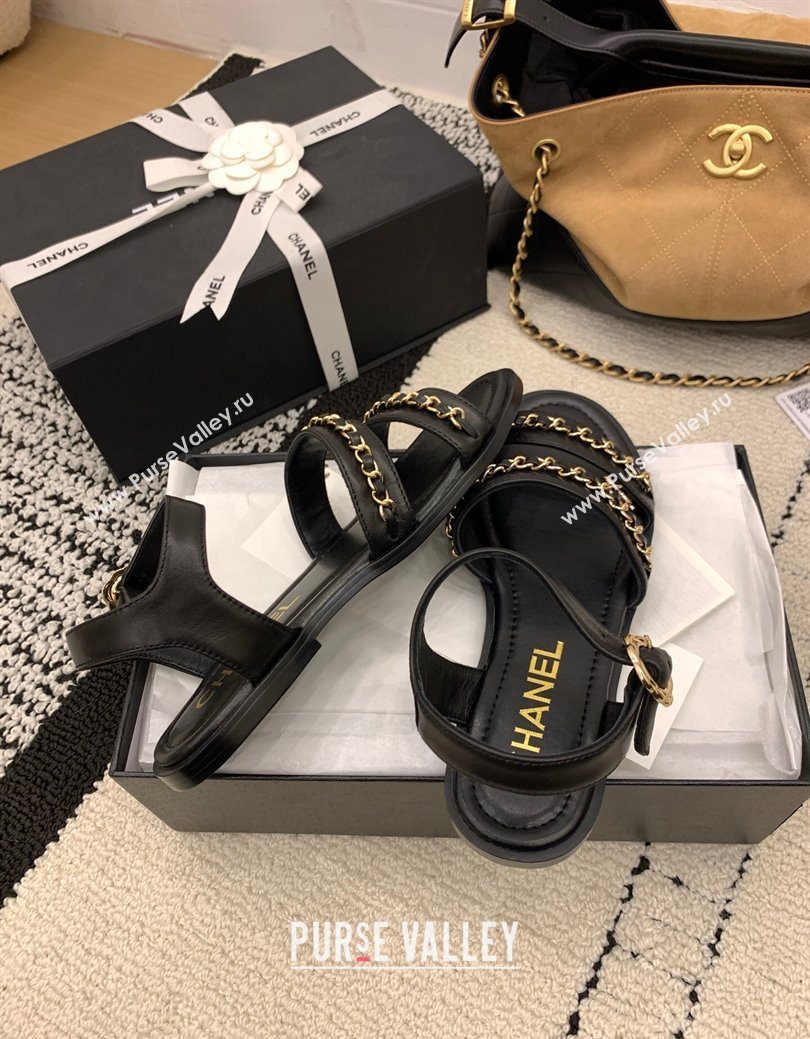Chanel Calfskin Leather Flat Sandals with Chain Black 2025 G46801 (MD-251223086)