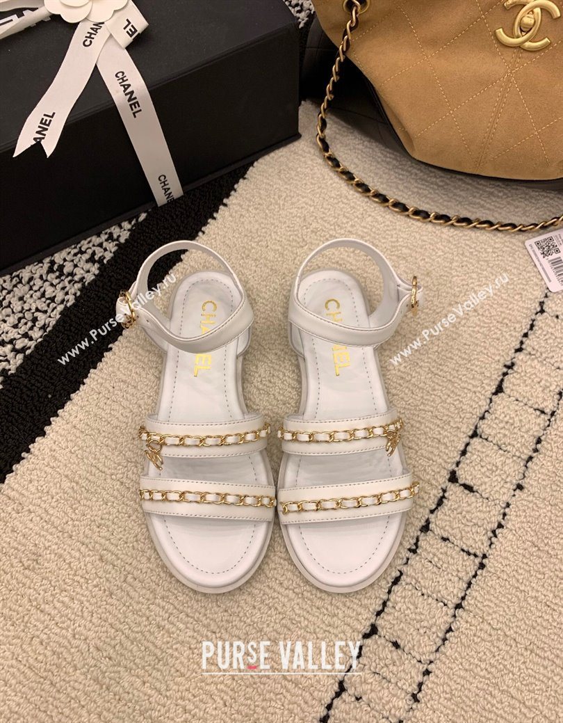 Chanel Calfskin Leather Flat Sandals with Chain White 2025 G46801 (MD-251223087)