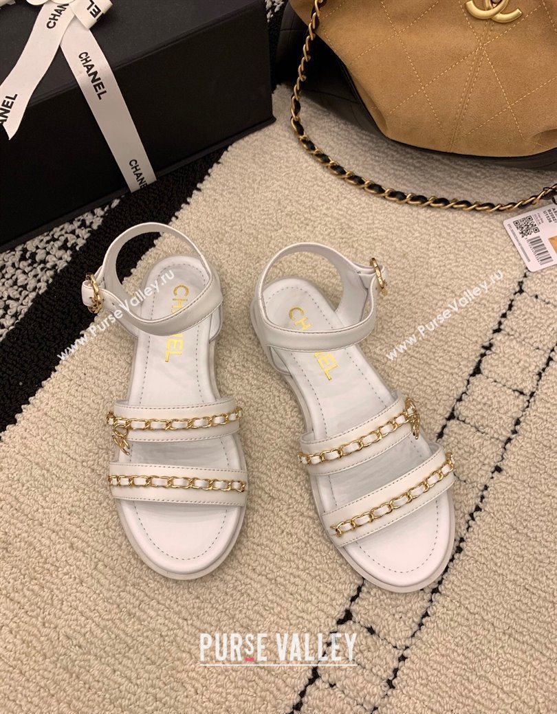 Chanel Calfskin Leather Flat Sandals with Chain White 2025 G46801 (MD-251223087)