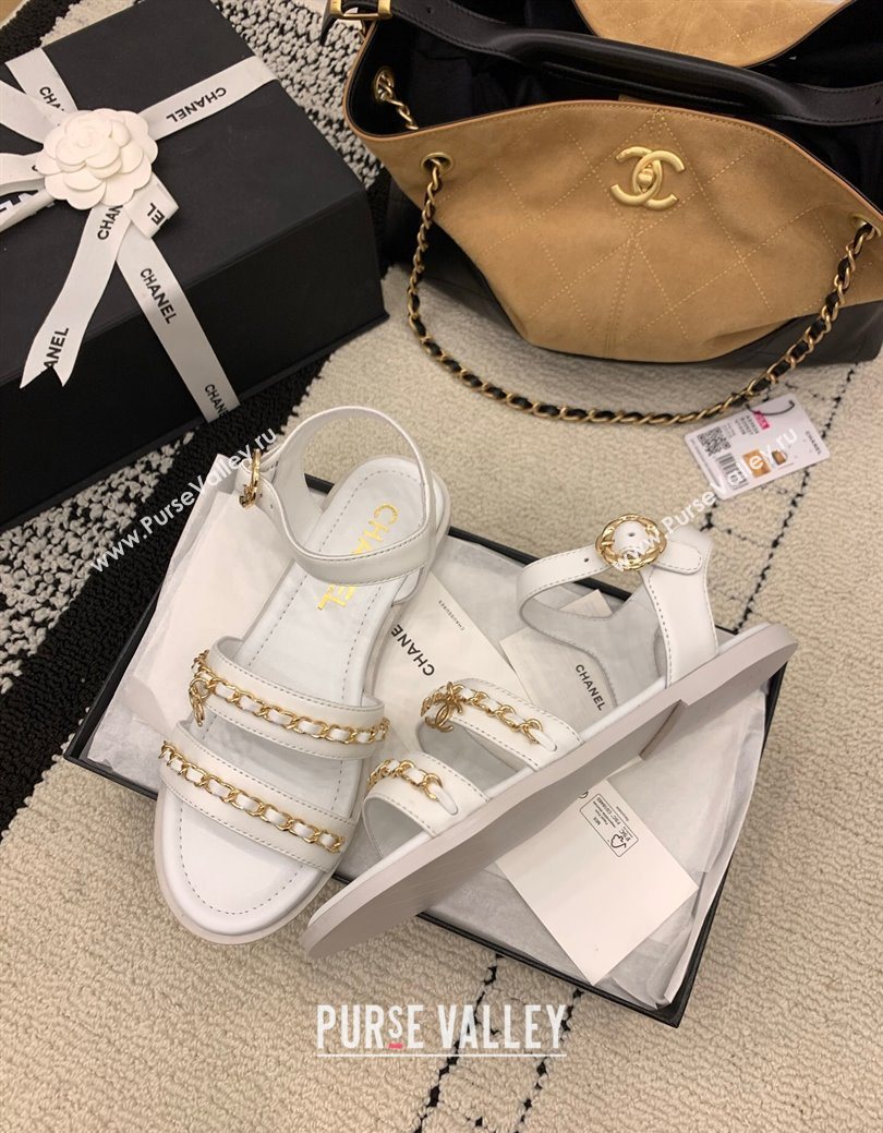 Chanel Calfskin Leather Flat Sandals with Chain White 2025 G46801 (MD-251223087)