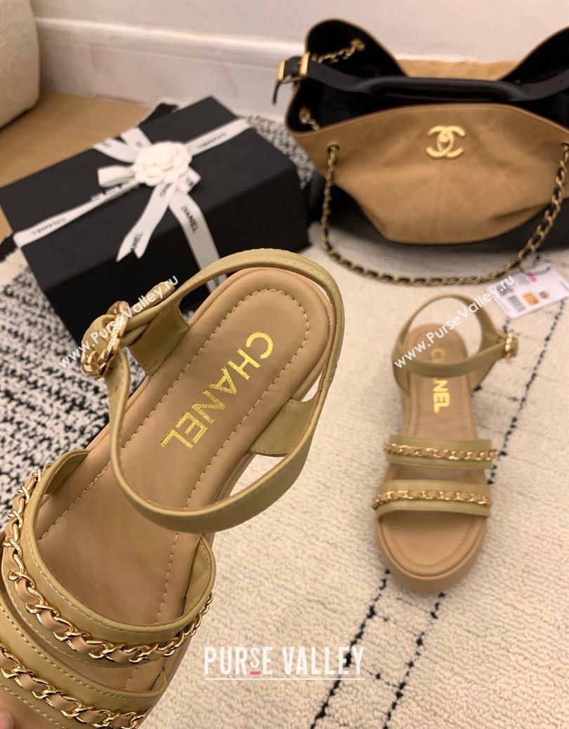Chanel Calfskin Leather Platform Sandals 6cm with Chain Beige 2025 G46800 (MD-251223088)