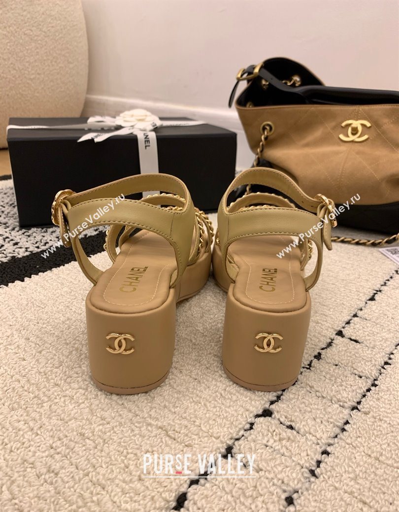 Chanel Calfskin Leather Platform Sandals 6cm with Chain Beige 2025 G46800 (MD-251223088)