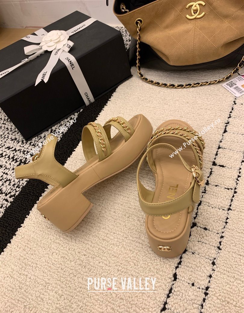 Chanel Calfskin Leather Platform Sandals 6cm with Chain Beige 2025 G46800 (MD-251223088)