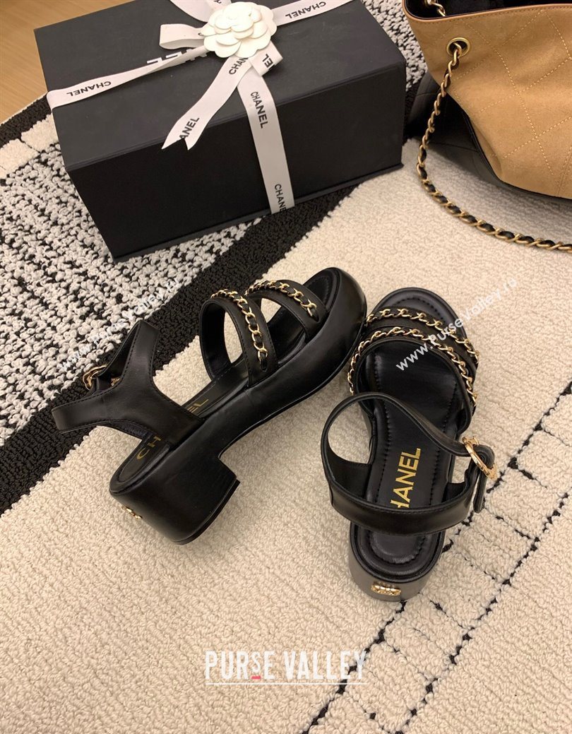 Chanel Calfskin Leather Platform Sandals 6cm with Chain Black 2025 G46800 (MD-251223089)