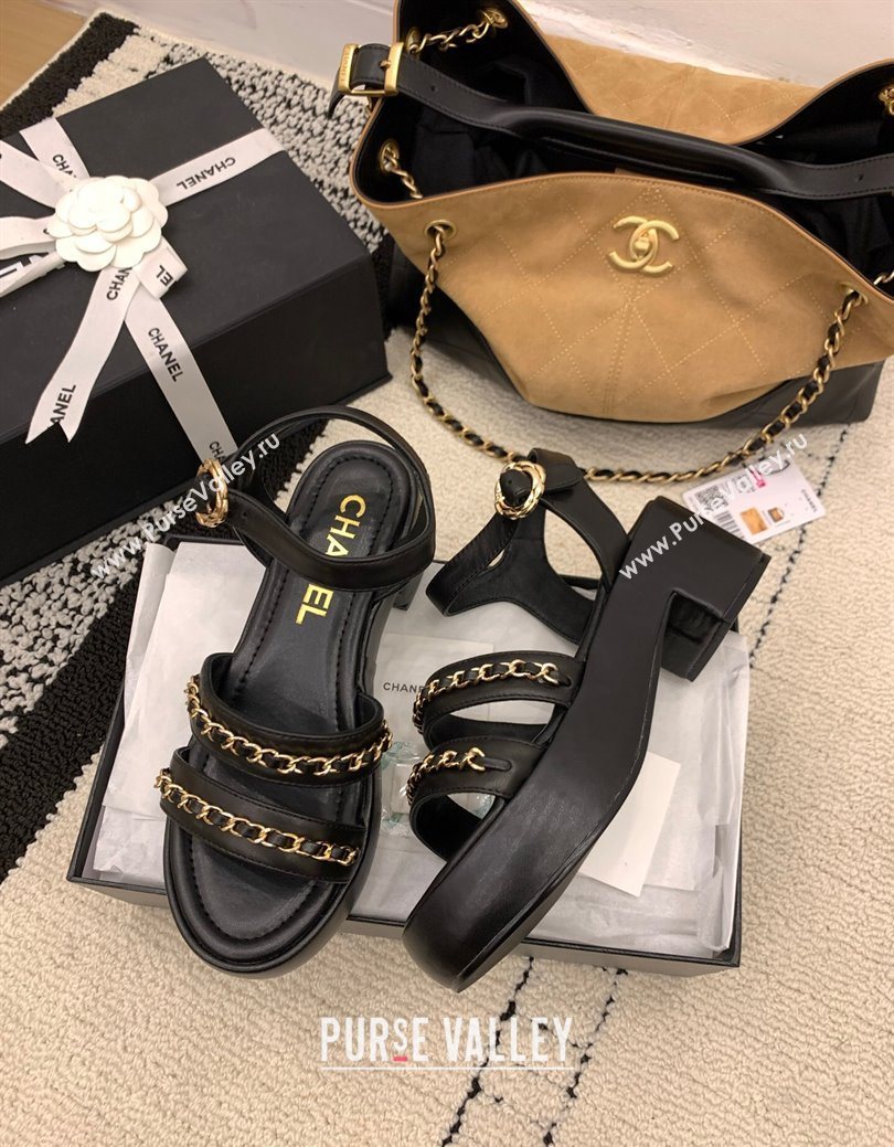 Chanel Calfskin Leather Platform Sandals 6cm with Chain Black 2025 G46800 (MD-251223089)