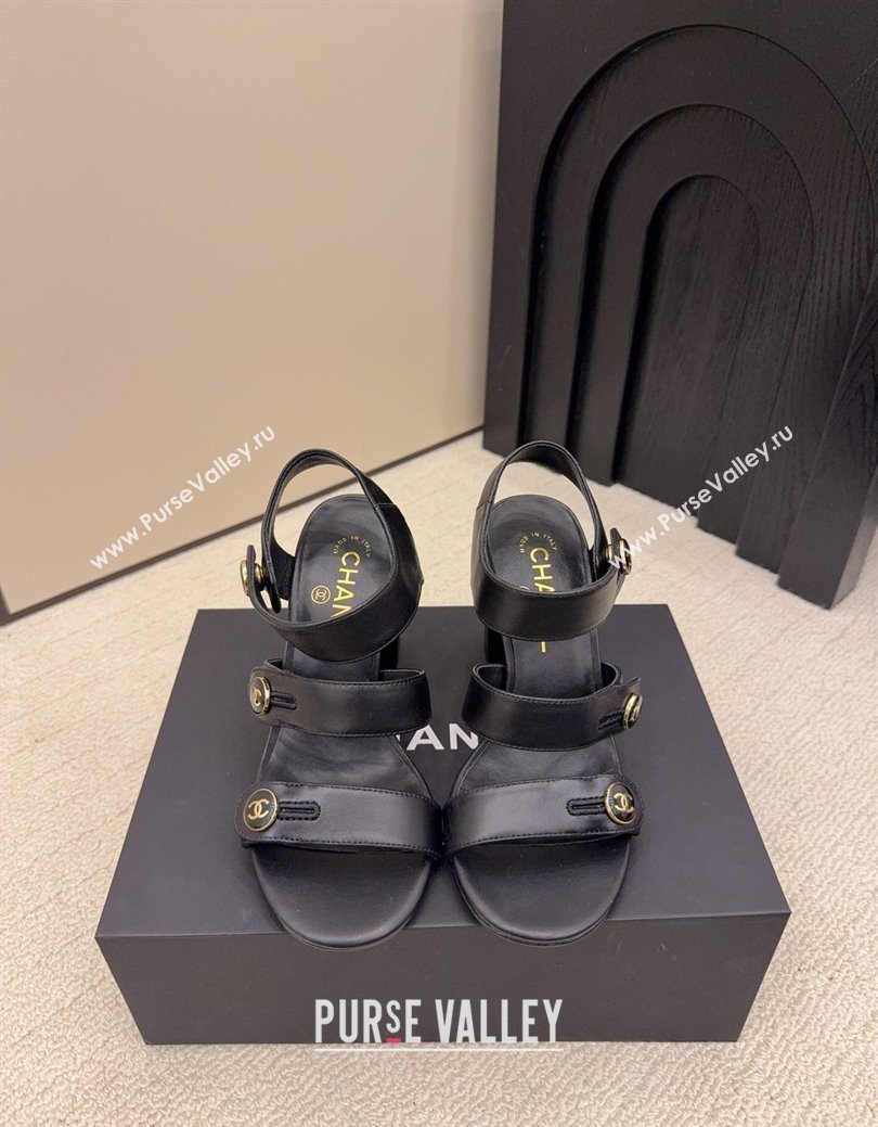 Chanel Shiny Calfskin Leather Heel Sandals 8cm with Button Strap Black 2025 G46793 (MD-251223072)