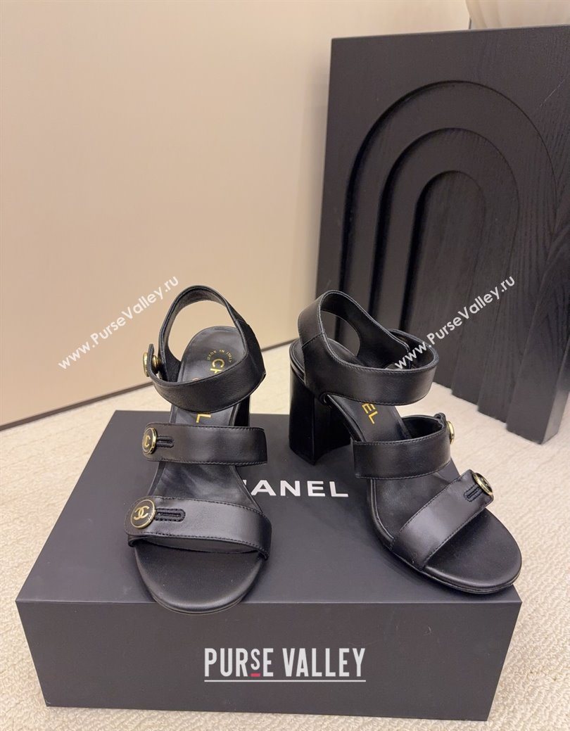 Chanel Shiny Calfskin Leather Heel Sandals 8cm with Button Strap Black 2025 G46793 (MD-251223072)