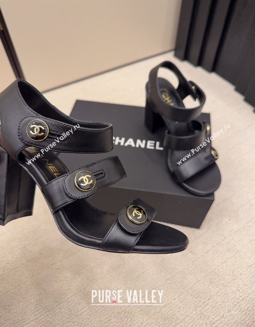 Chanel Shiny Calfskin Leather Heel Sandals 8cm with Button Strap Black 2025 G46793 (MD-251223072)