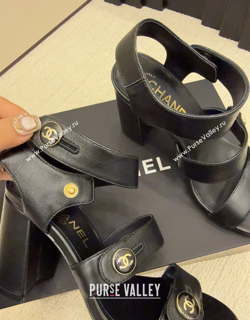 Chanel Shiny Calfskin Leather Heel Sandals 8cm with Button Strap Black 2025 G46793 (MD-251223072)