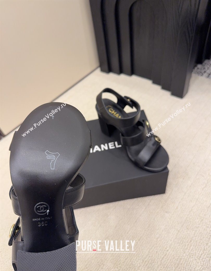 Chanel Shiny Calfskin Leather Heel Sandals 8cm with Button Strap Black 2025 G46793 (MD-251223072)