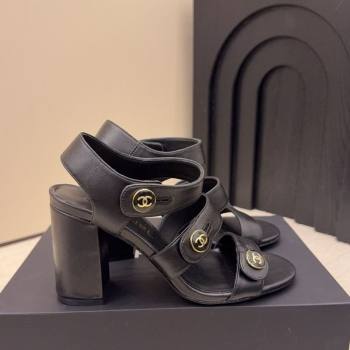 Chanel Shiny Calfskin Leather Heel Sandals 8cm with Button Strap Black 2025 G46793 (MD-251223072)