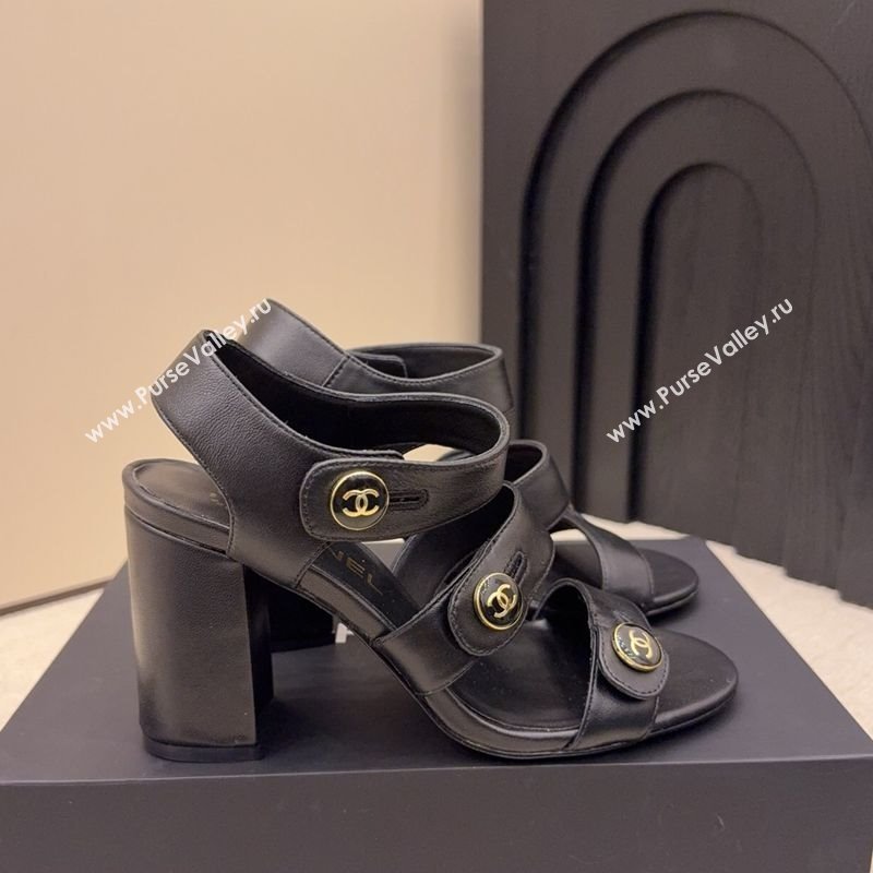 Chanel Shiny Calfskin Leather Heel Sandals 8cm with Button Strap Black 2025 G46793 (MD-251223072)