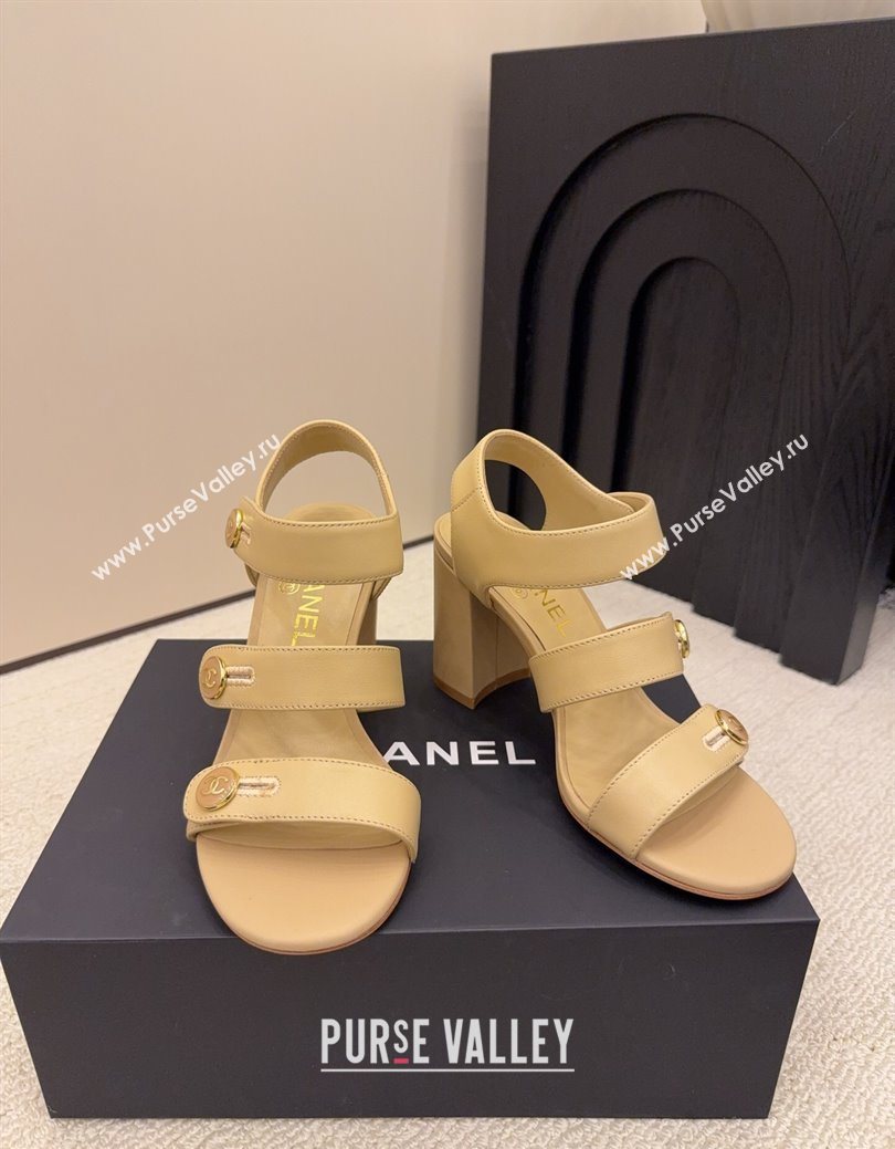 Chanel Shiny Calfskin Leather Heel Sandals 8cm with Button Strap Beige 2025 G46793 (MD-251223073)