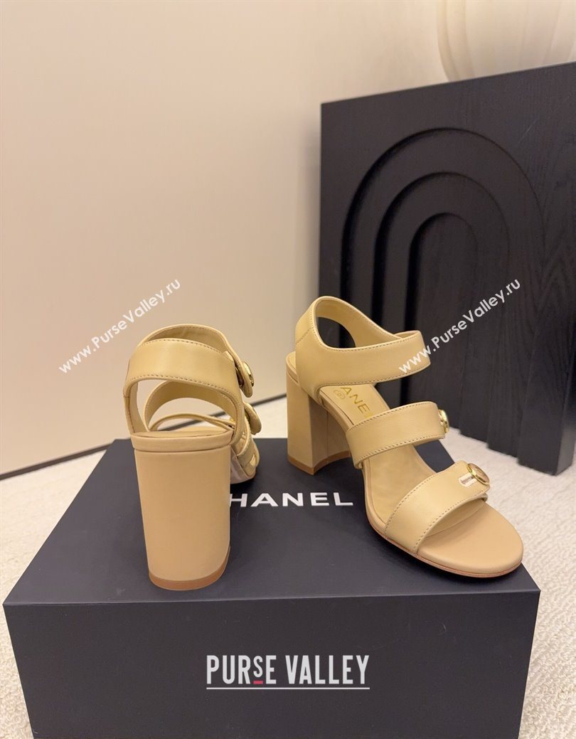 Chanel Shiny Calfskin Leather Heel Sandals 8cm with Button Strap Beige 2025 G46793 (MD-251223073)
