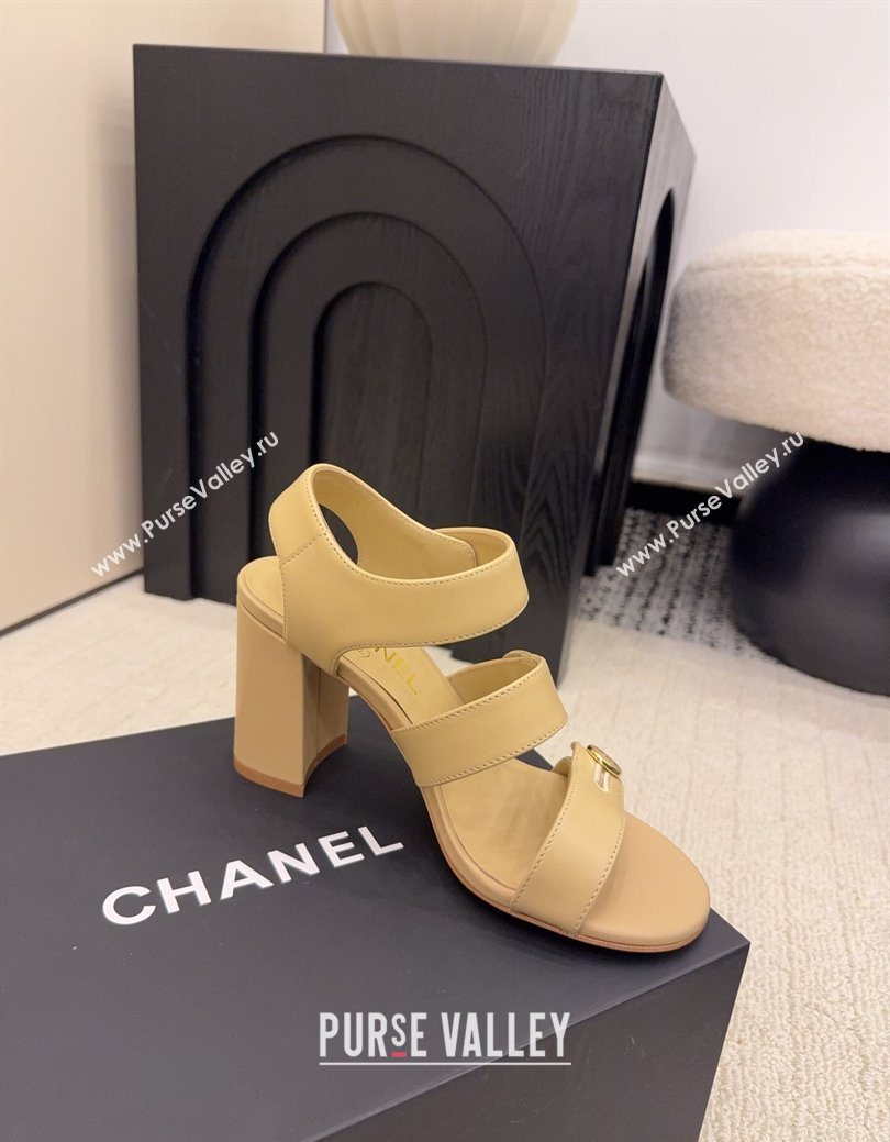 Chanel Shiny Calfskin Leather Heel Sandals 8cm with Button Strap Beige 2025 G46793 (MD-251223073)