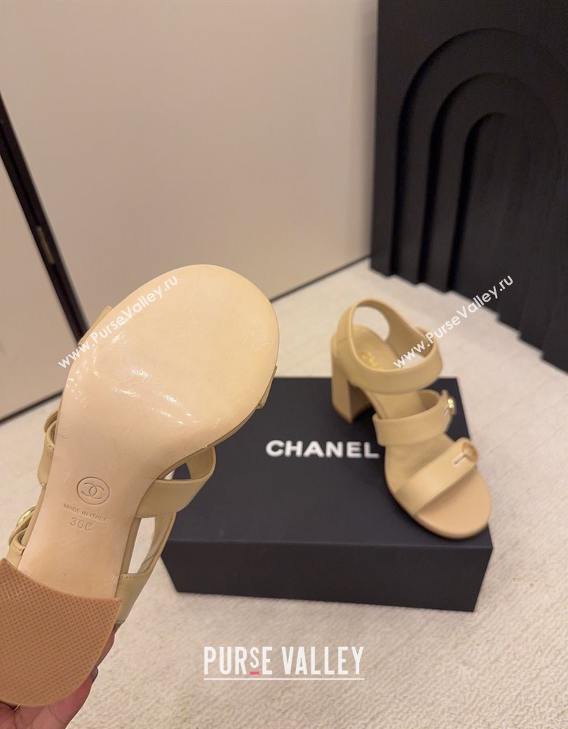 Chanel Shiny Calfskin Leather Heel Sandals 8cm with Button Strap Beige 2025 G46793 (MD-251223073)