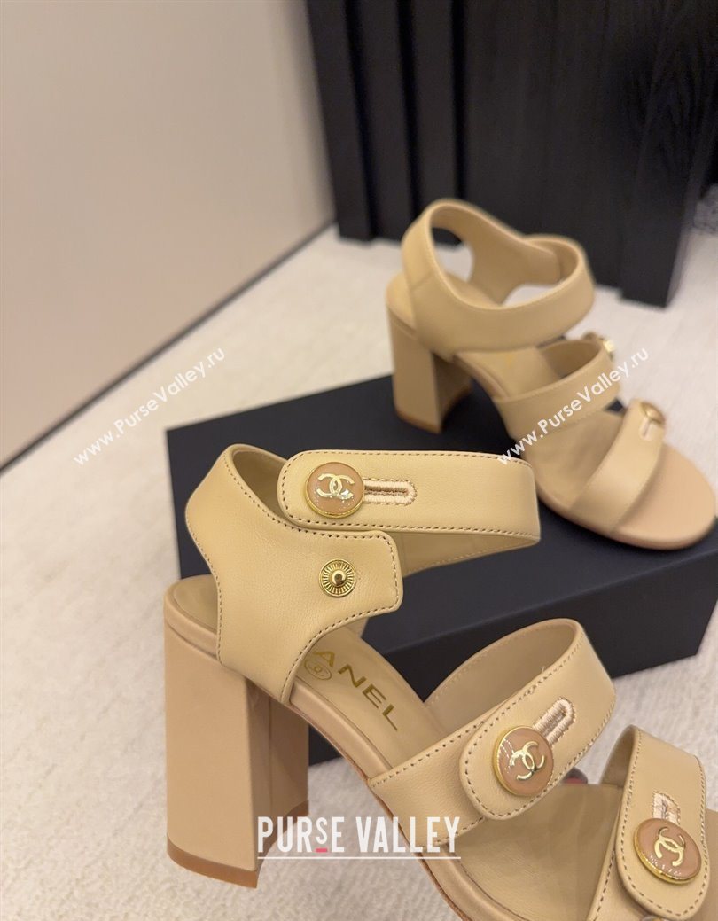 Chanel Shiny Calfskin Leather Heel Sandals 8cm with Button Strap Beige 2025 G46793 (MD-251223073)