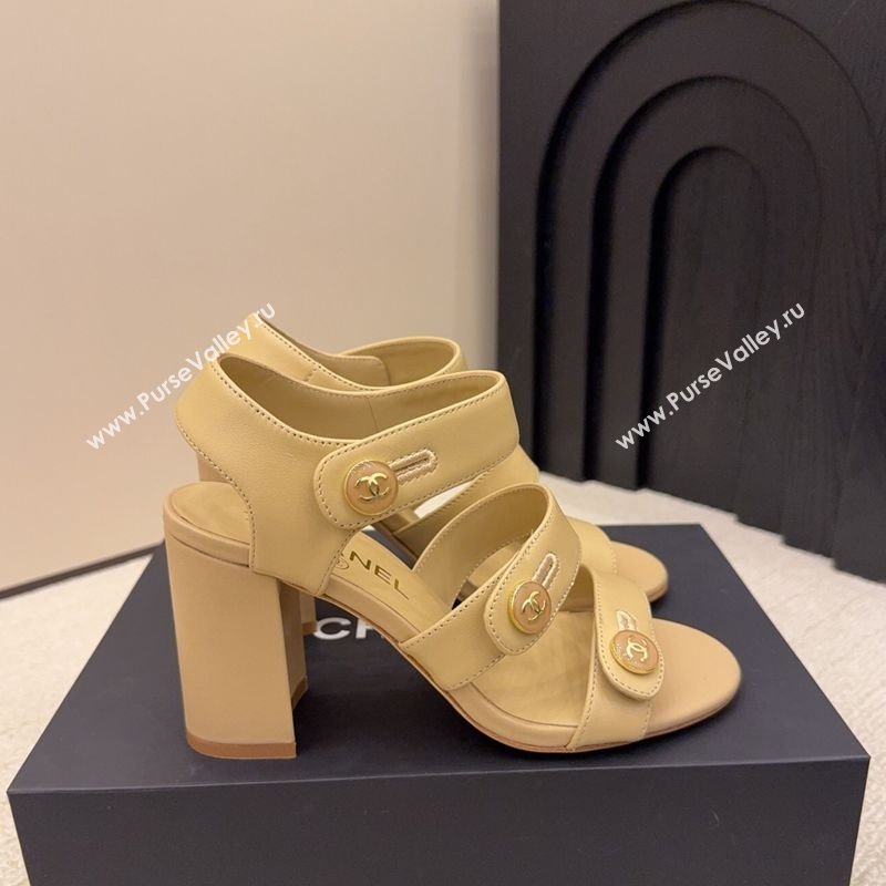 Chanel Shiny Calfskin Leather Heel Sandals 8cm with Button Strap Beige 2025 G46793 (MD-251223073)