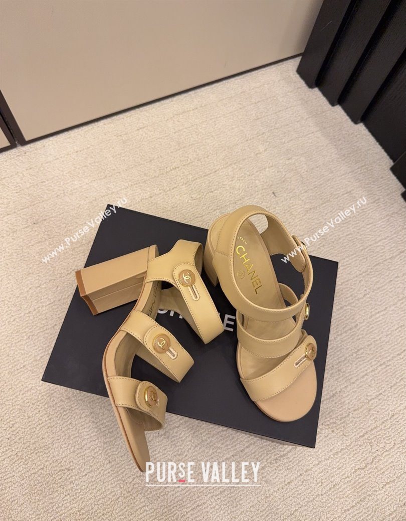 Chanel Shiny Calfskin Leather Heel Sandals 8cm with Button Strap Beige 2025 G46793 (MD-251223073)