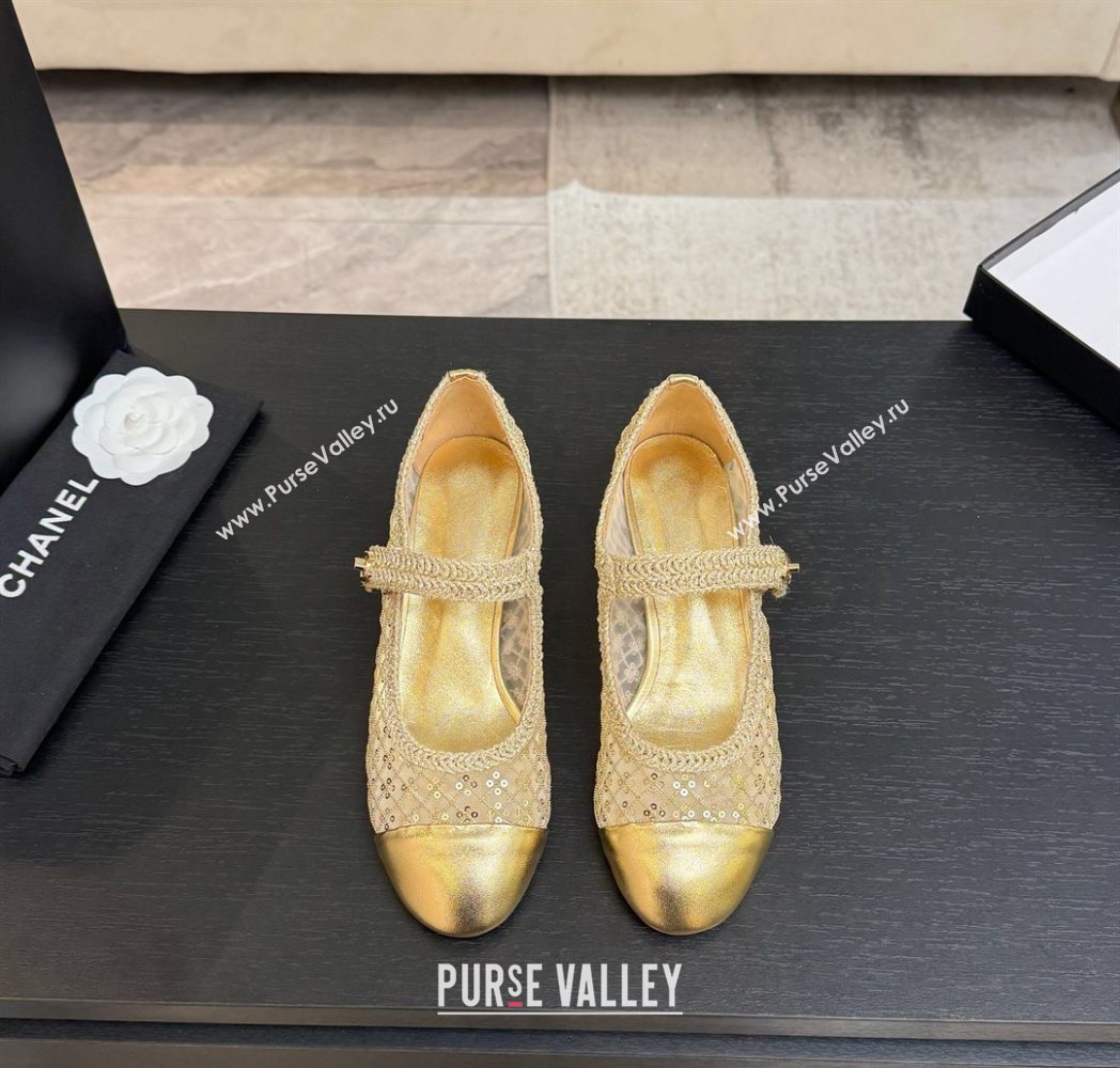 Chanel Mesh Sequins Mary Janes Pumps Gold 2025 CH122302 (MD-251223090)