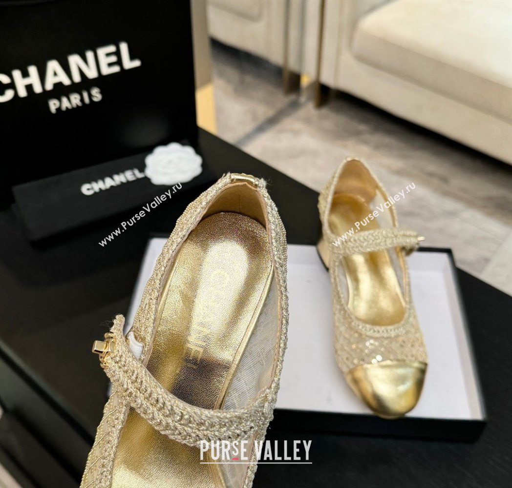 Chanel Mesh Sequins Mary Janes Pumps Gold 2025 CH122302 (MD-251223090)