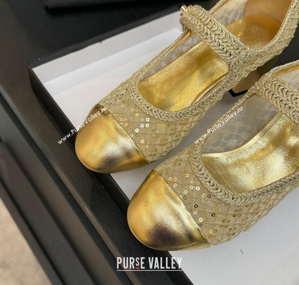 Chanel Mesh Sequins Mary Janes Pumps Gold 2025 CH122302 (MD-251223090)