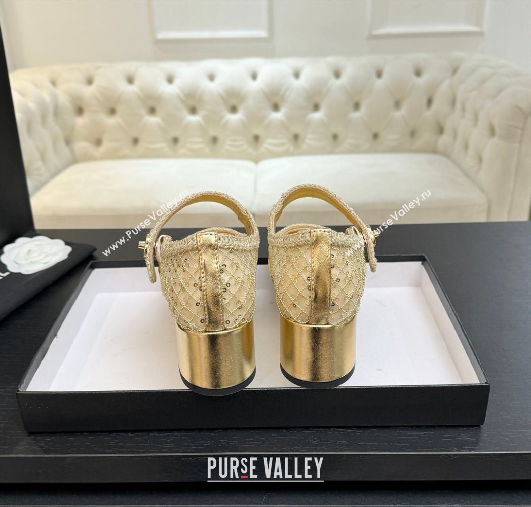 Chanel Mesh Sequins Mary Janes Pumps Gold 2025 CH122302 (MD-251223090)