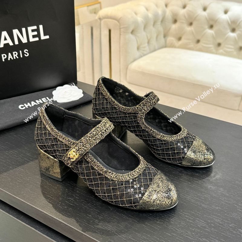 Chanel Mesh Sequins Mary Janes Pumps Black 2025 CH122302 (MD-251223091)