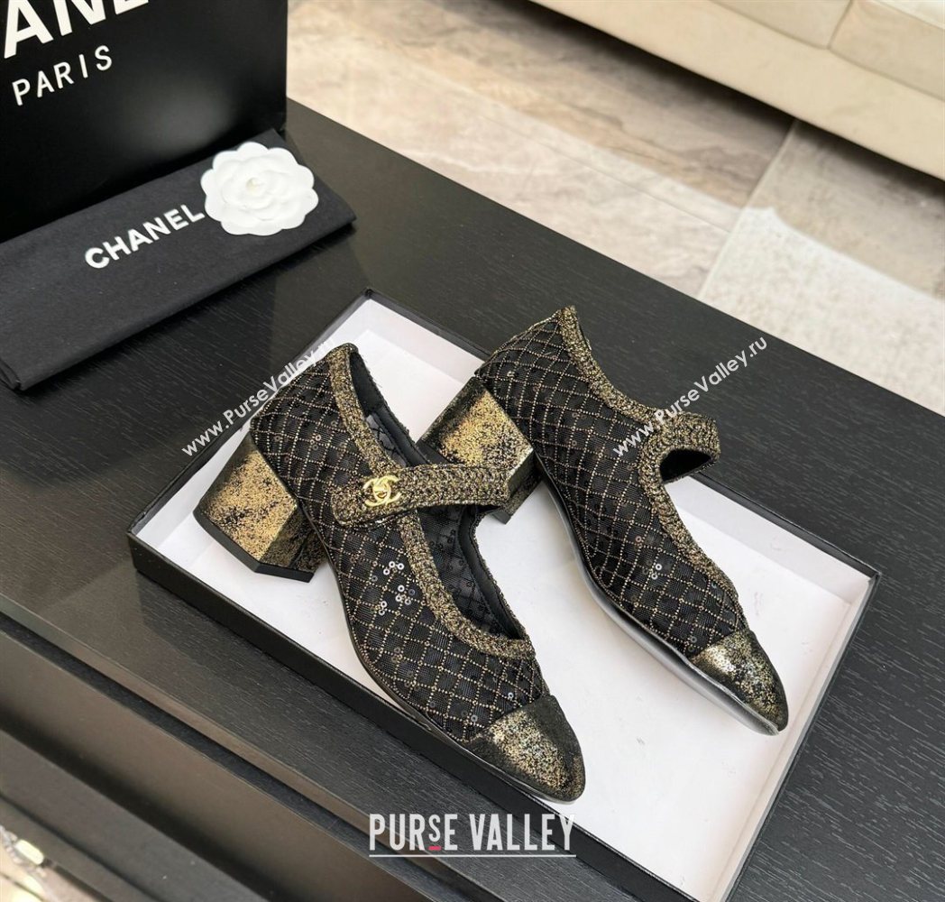 Chanel Mesh Sequins Mary Janes Pumps Black 2025 CH122302 (MD-251223091)