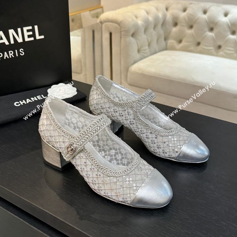 Chanel Mesh Sequins Mary Janes Pumps Silver 2025 CH122302 (MD-251223092)