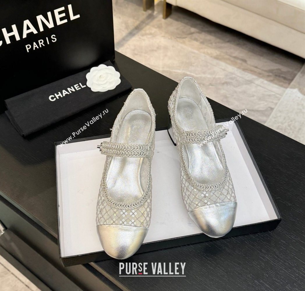 Chanel Mesh Sequins Mary Janes Pumps Silver 2025 CH122302 (MD-251223092)