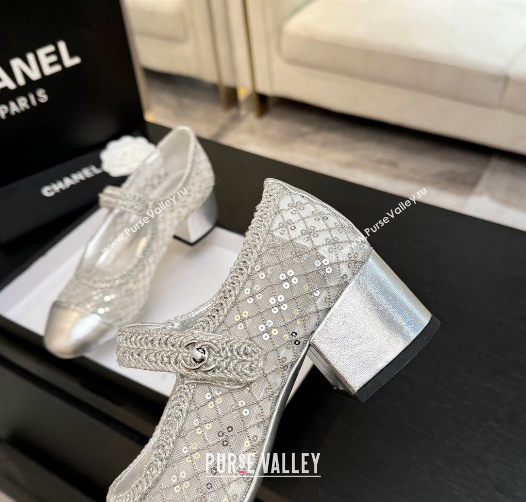 Chanel Mesh Sequins Mary Janes Pumps Silver 2025 CH122302 (MD-251223092)
