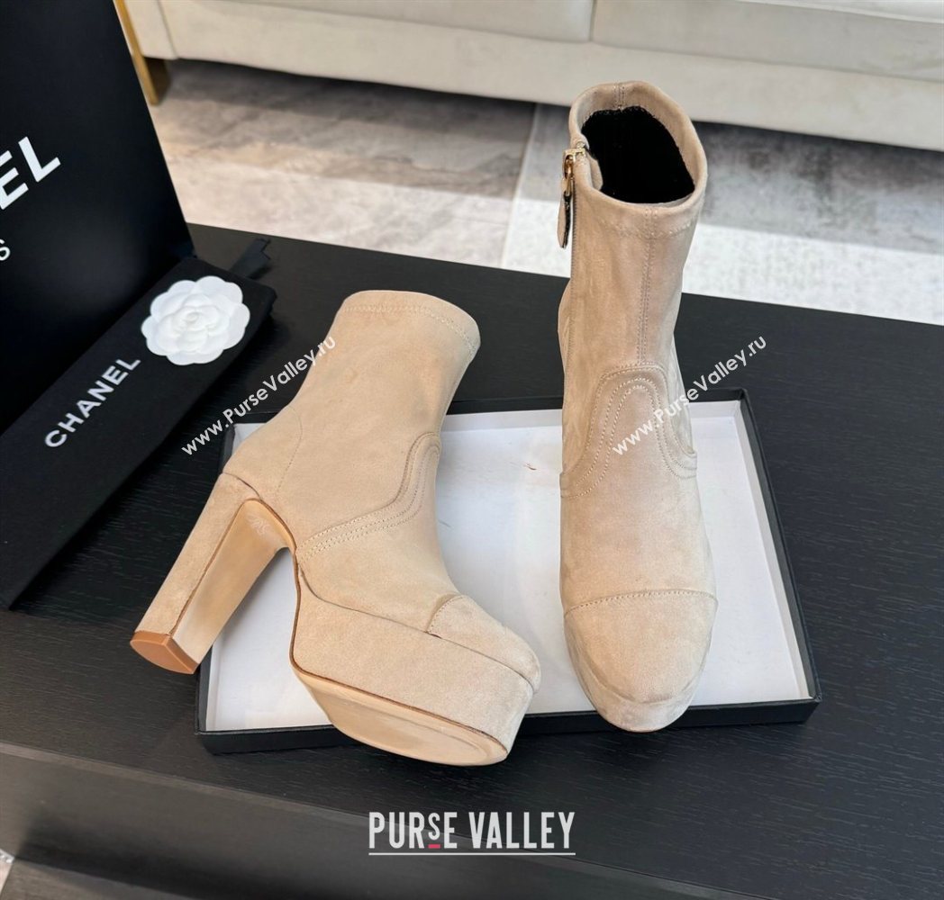 Chanel Stretch Suede Platform Ankle Boots 11.5cm Beige 2025 CH122303 (MD-251223012)