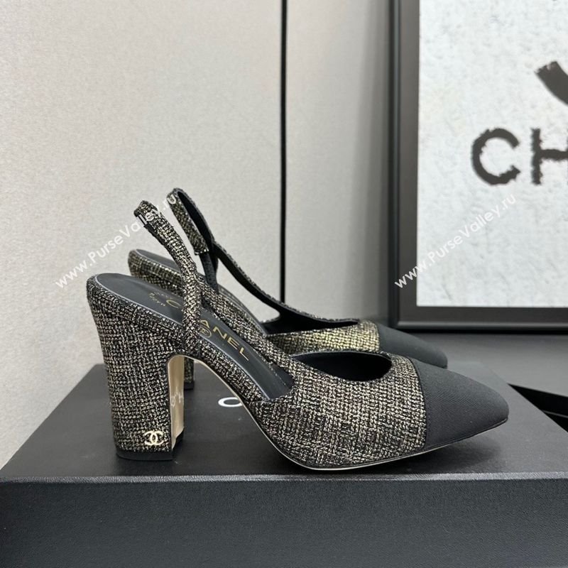 Chanel Tweed Grosgrain Slingback Pumps 9cm Gold/Black 2025 G45509 1223 (MD-251223046)