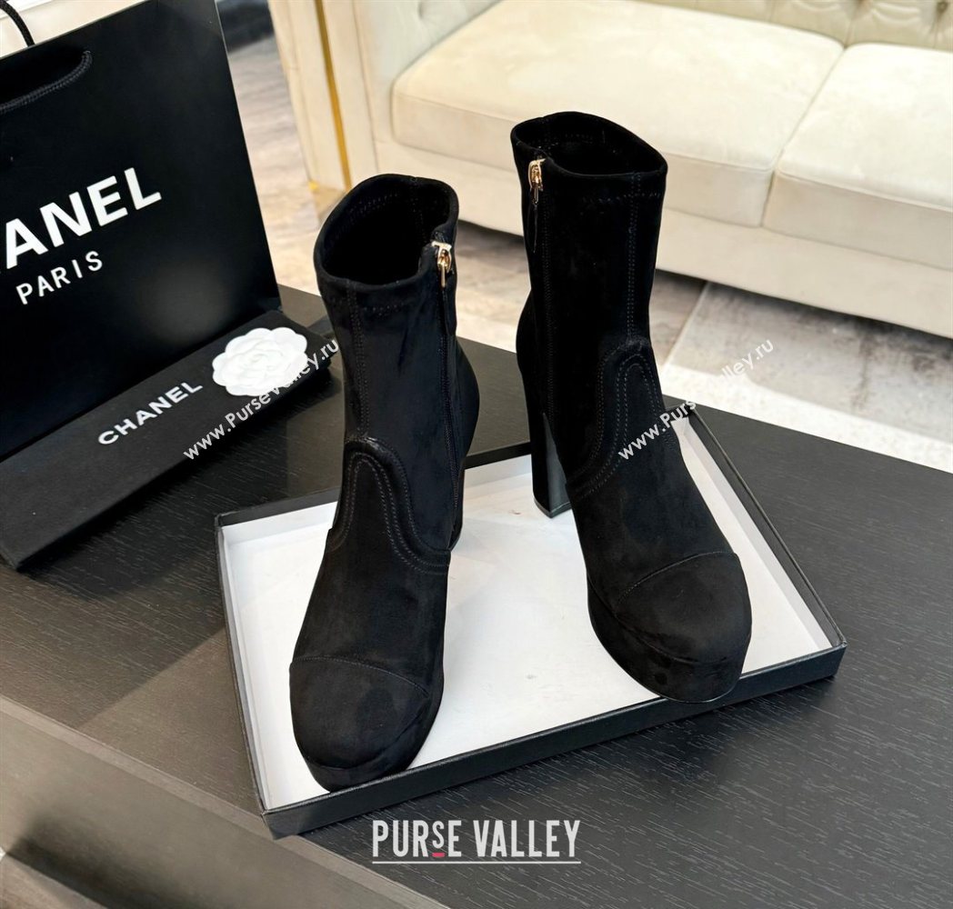 Chanel Stretch Suede Platform Ankle Boots 11.5cm Black 2025 CH122303 (MD-251223014)