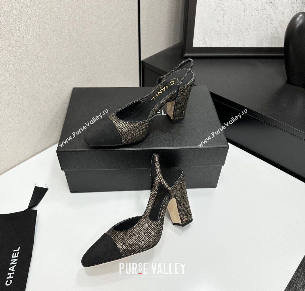 Chanel Tweed Grosgrain Slingback Pumps 9cm Gold/Black 2025 G45509 1223 (MD-251223046)
