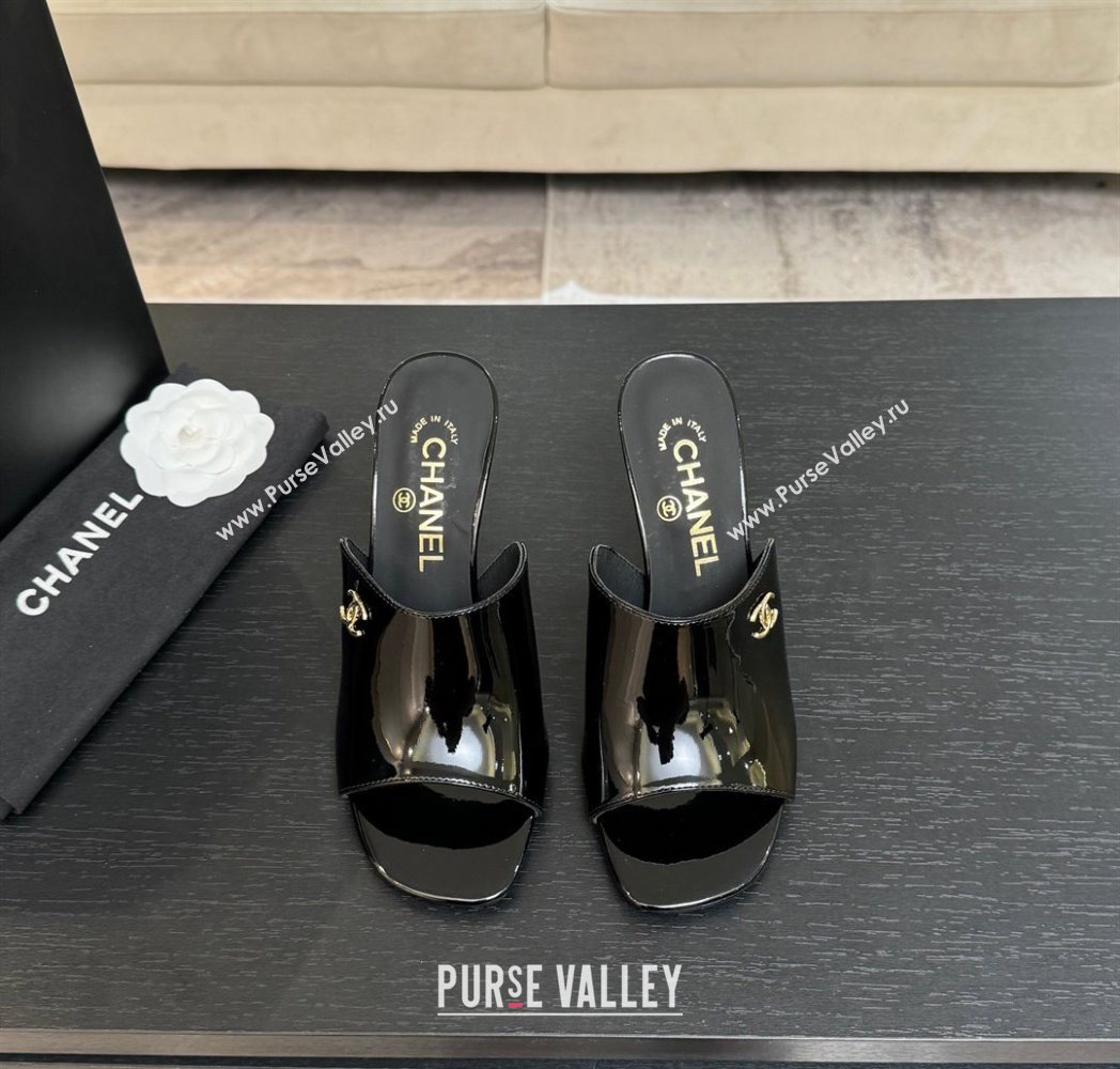 Chanel Patent Leather Heel Slides Sandal 9cm Black 2025 G46904 (MD-251223134)