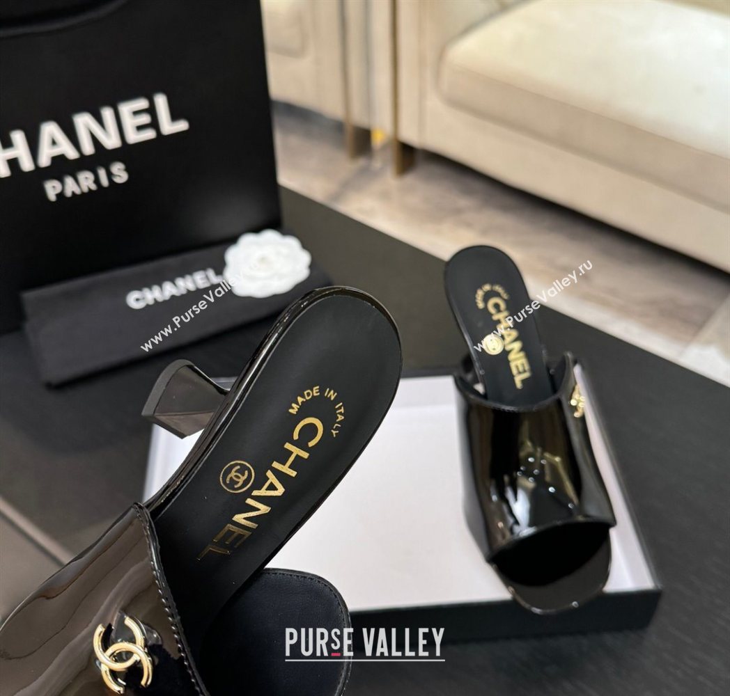 Chanel Patent Leather Heel Slides Sandal 9cm Black 2025 G46904 (MD-251223134)