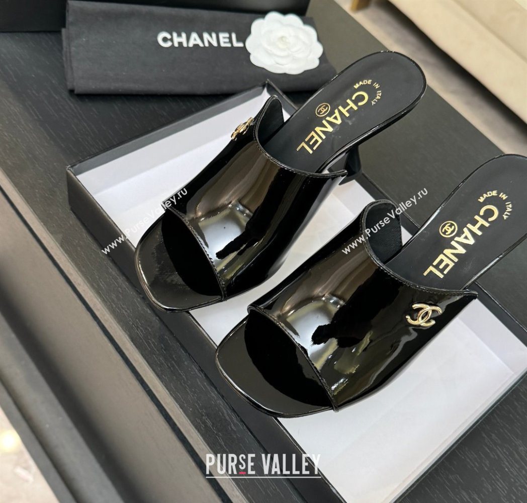 Chanel Patent Leather Heel Slides Sandal 9cm Black 2025 G46904 (MD-251223134)