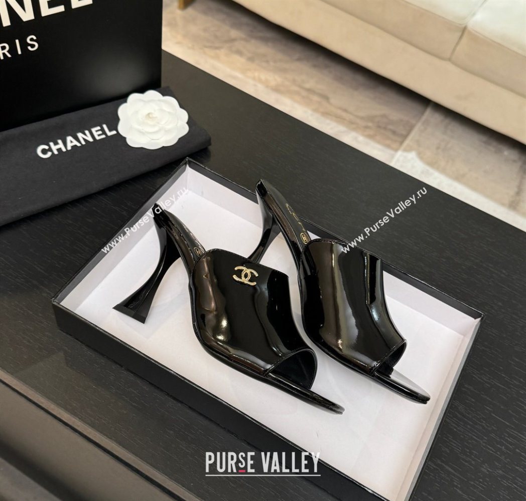 Chanel Patent Leather Heel Slides Sandal 9cm Black 2025 G46904 (MD-251223134)