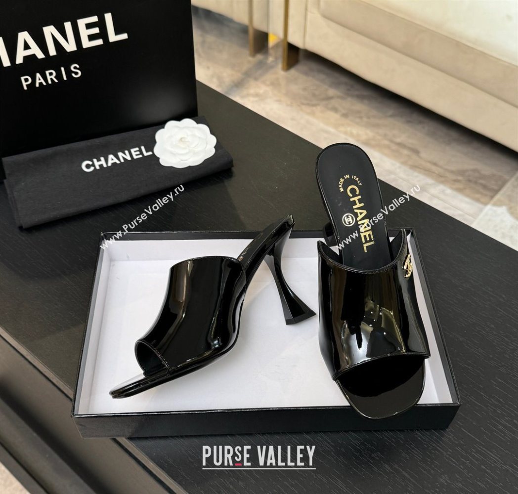 Chanel Patent Leather Heel Slides Sandal 9cm Black 2025 G46904 (MD-251223134)