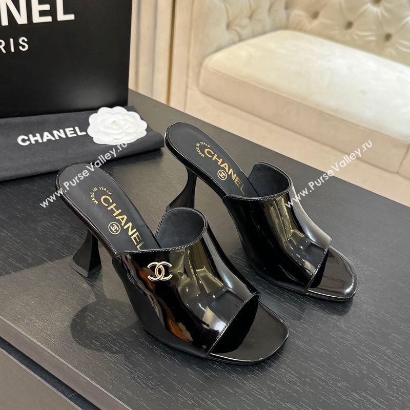 Chanel Patent Leather Heel Slides Sandal 9cm Black 2025 G46904 (MD-251223134)