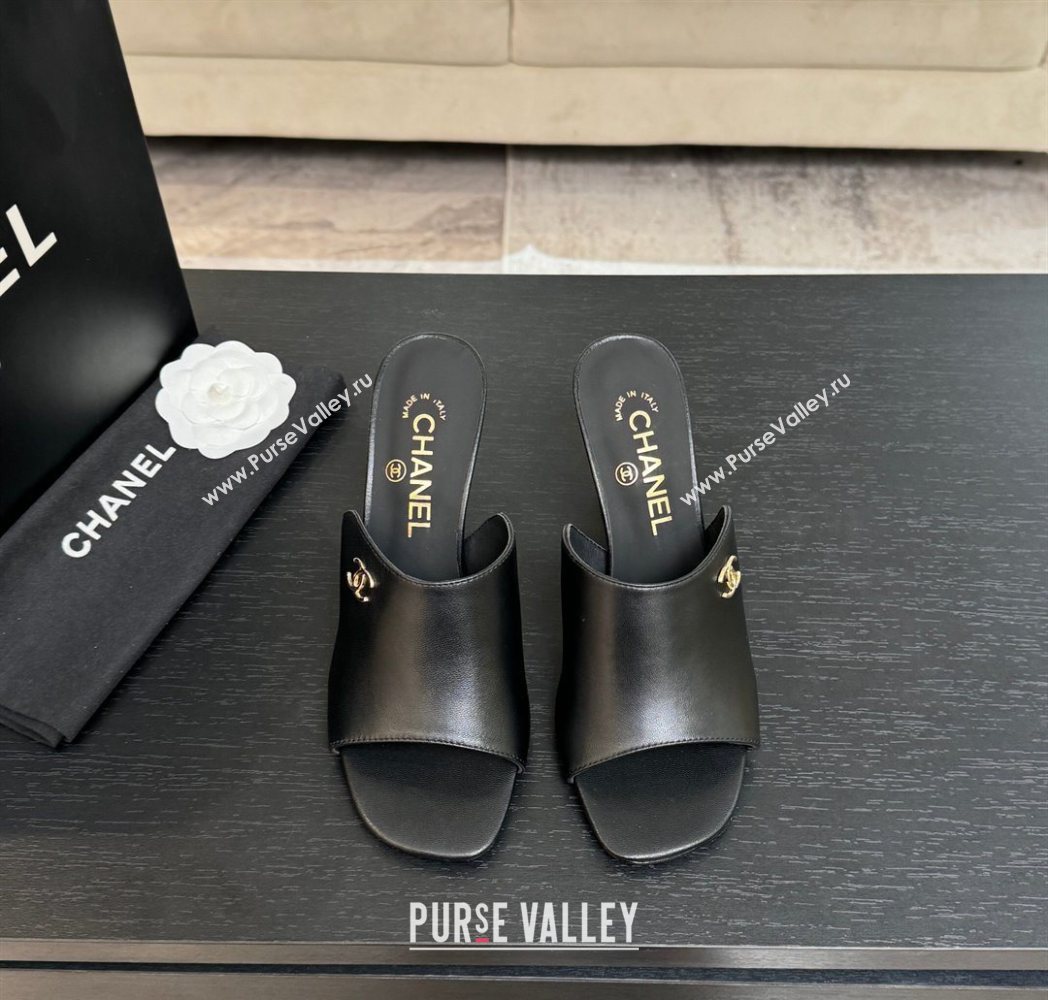 Chanel Calfskin Leather Heel Slides Sandal 9cm Black 2025 G46904 (MD-251223136)