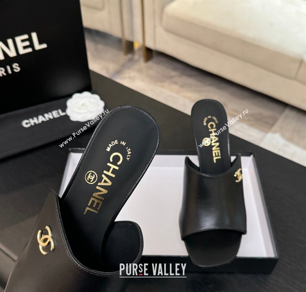 Chanel Calfskin Leather Heel Slides Sandal 9cm Black 2025 G46904 (MD-251223136)