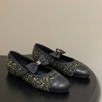 Chanel Tweed Leather Ballet Flats with Bow Green/Black 2025 CH122402 (MD-251224009)