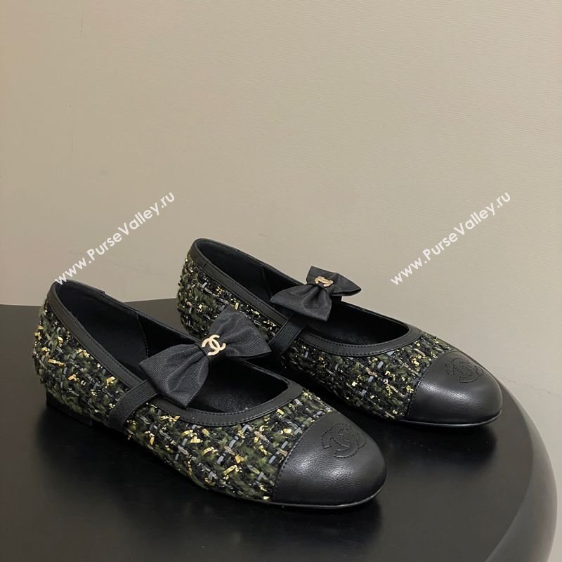 Chanel Tweed Leather Ballet Flats with Bow Green/Black 2025 CH122402 (MD-251224009)